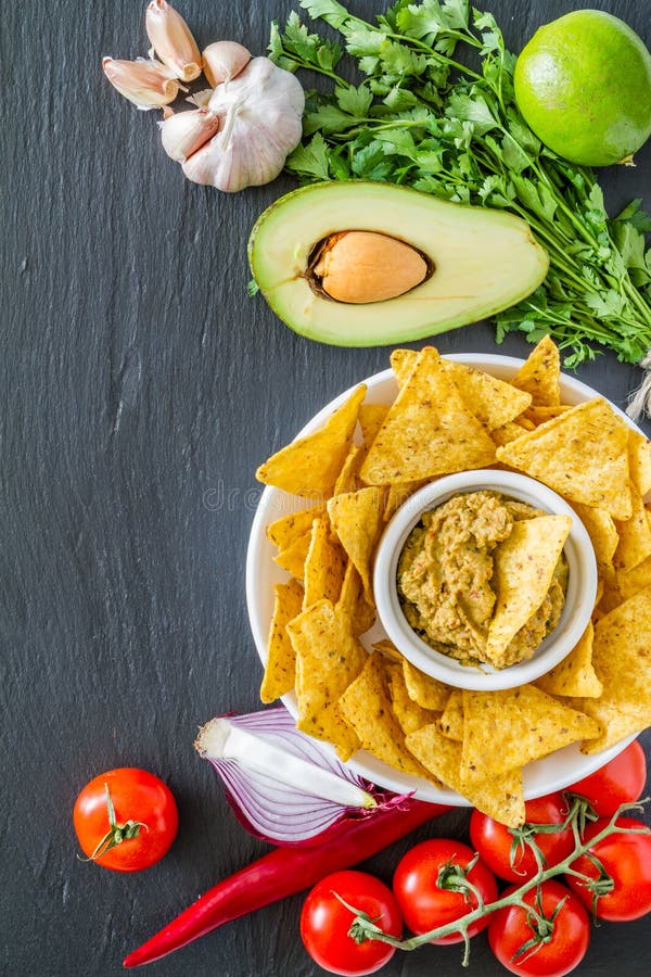 Guacamole Sauce, Nachos and Ingredients Stock Image Image of homemade, herb 62190657