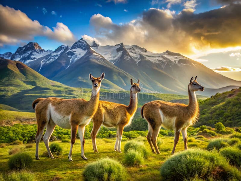 Guanacos Gracely Grazing in Chilean Chacabuco Valley A Stunning Wildlife Encounter stock illustrationer