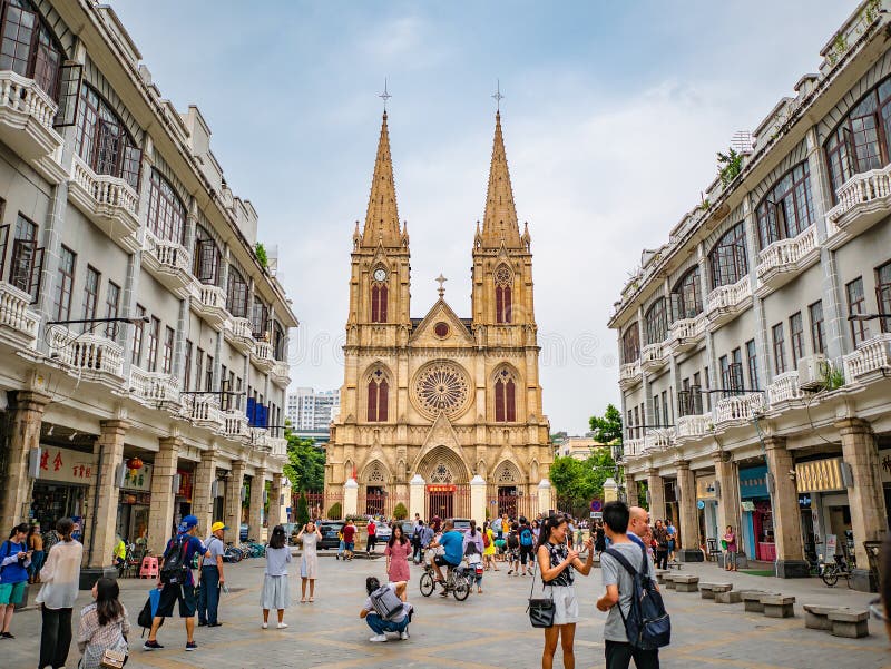 Tourist Take photo with Sacred Heart Cathedral at guangzhou china.