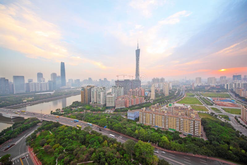 Guangzhou Pearl River, Canton TV Tower, International Finance Center in sunrise in Guangzhou, China.