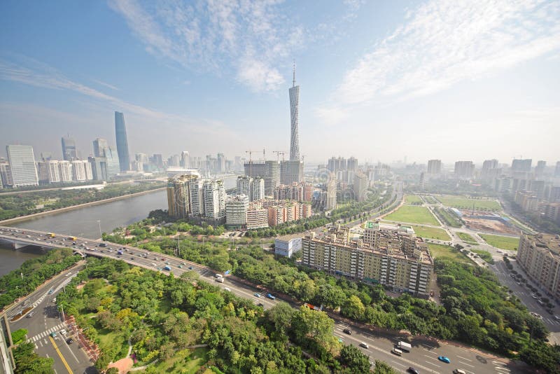 Guangzhou Pearl river, Canton TV Tower, International Finance Center, road, bridge in morning in Guangzhou, China.