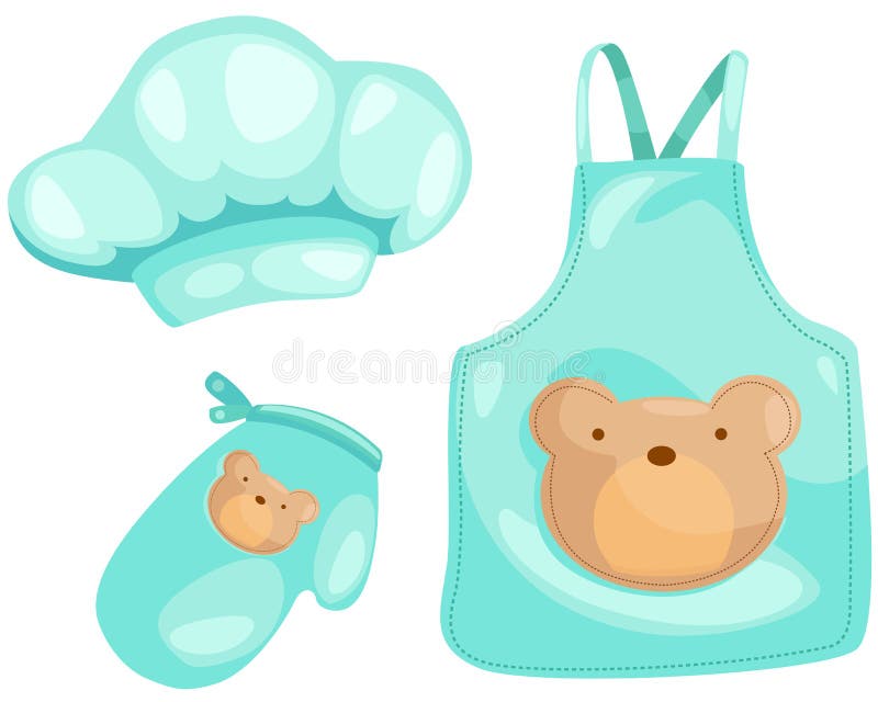 Illustration of isolated set of kitchen glove and apron and chef hat. Illustration of isolated set of kitchen glove and apron and chef hat