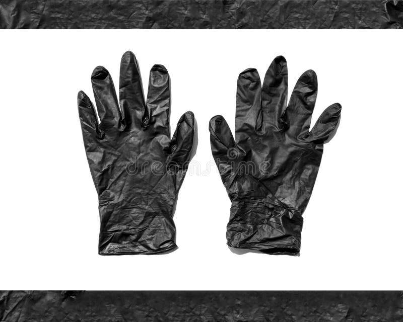 Guantes de goma negros descascarillados aislados en fondo blanco Guantes de goma desechables nuevos Objeto protector imagen de archivo