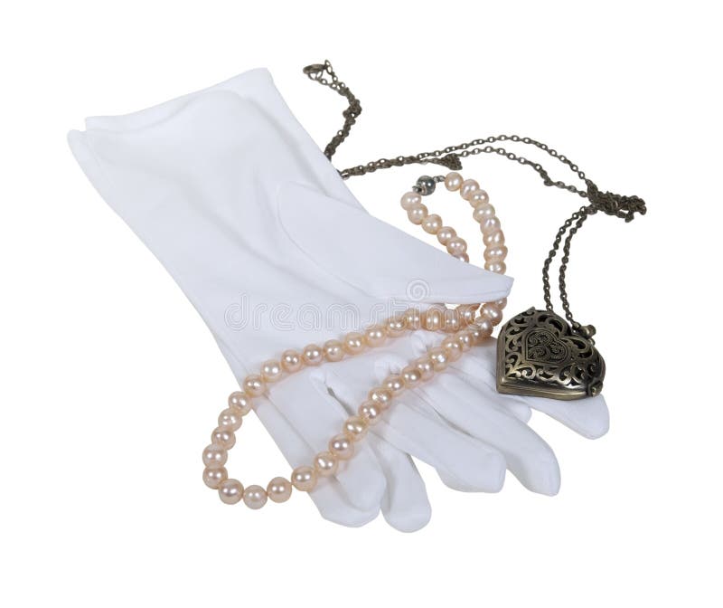White gloves with pearls and a heart locket - path included. White gloves with pearls and a heart locket - path included