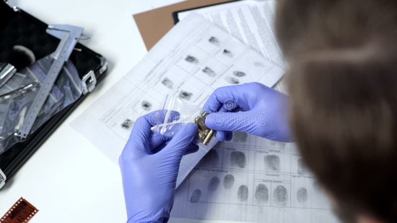 Guanti d'uso dell'agente investigativo maschio che esaminano le pallottole dalla scena del crimine in ufficio immagini stock Guanti d'uso dell'agente investigativo maschio che esaminano le pallottole dalla scena del crimine in ufficio immagini stock