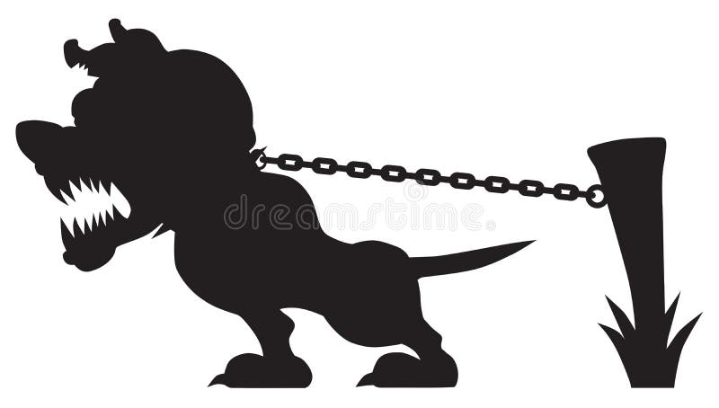 A vicious cartoon guard dog in silhouette is growling and pulling at his chain. Growling dog vectors