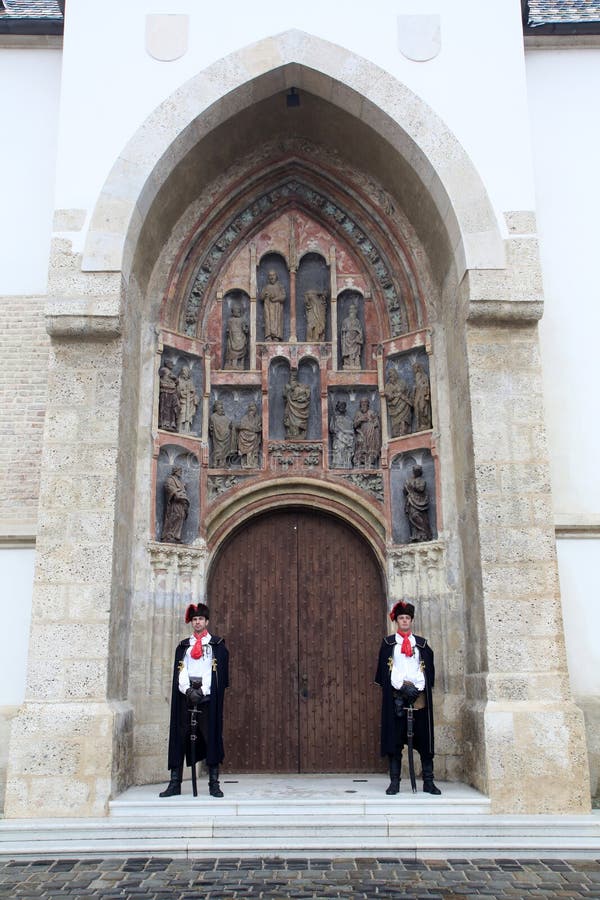 Guard of Honor of the Cravat Regiment on the south portal of the church of St. Mark in Zagreb stock image Guard of Honor of the Cravat Regiment on the south portal of the church of St. Mark in Zagreb stock image