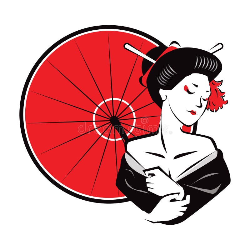 Guarda-chuva exótico moderno bonito do vermelho do desgaste da gueixa de Japanesse ilustração royalty free Guarda-chuva exótico moderno bonito do vermelho do desgaste da gueixa de Japanesse ilustração royalty free