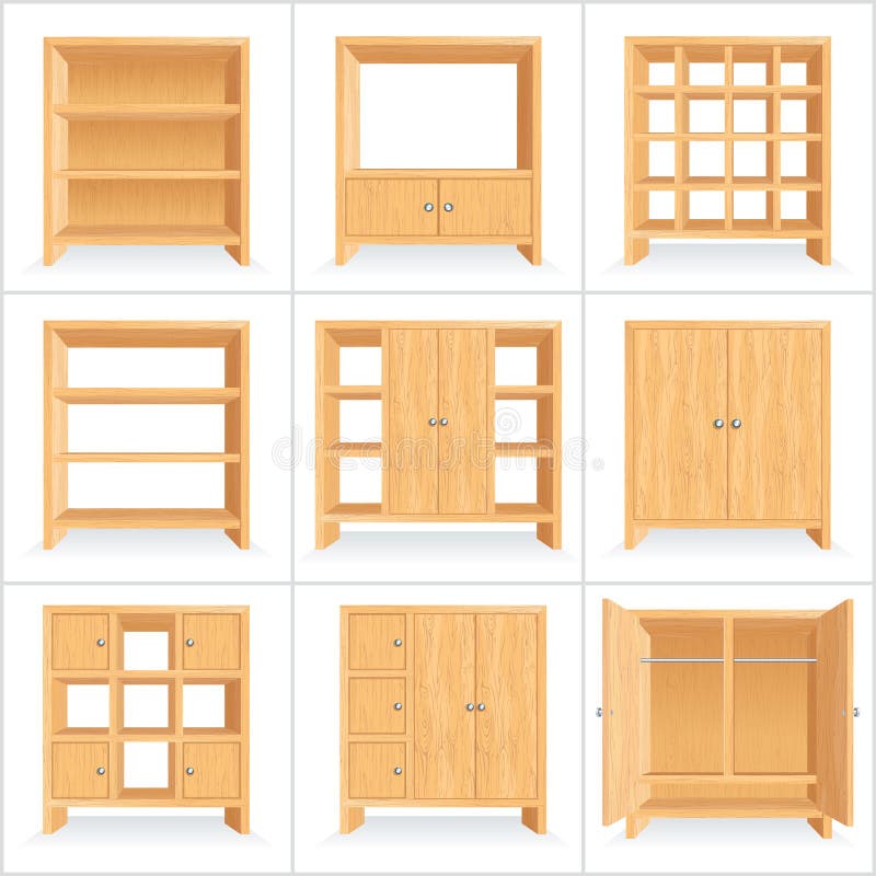 Guardarropa de madera del vector, gabinete, estante