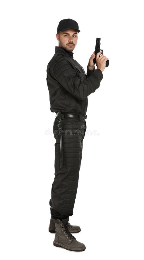 Guardia giurata maschio in pistola uniforme su fondo bianco fotografie stock libere da diritti Guardia giurata maschio in pistola uniforme su fondo bianco fotografie stock libere da diritti