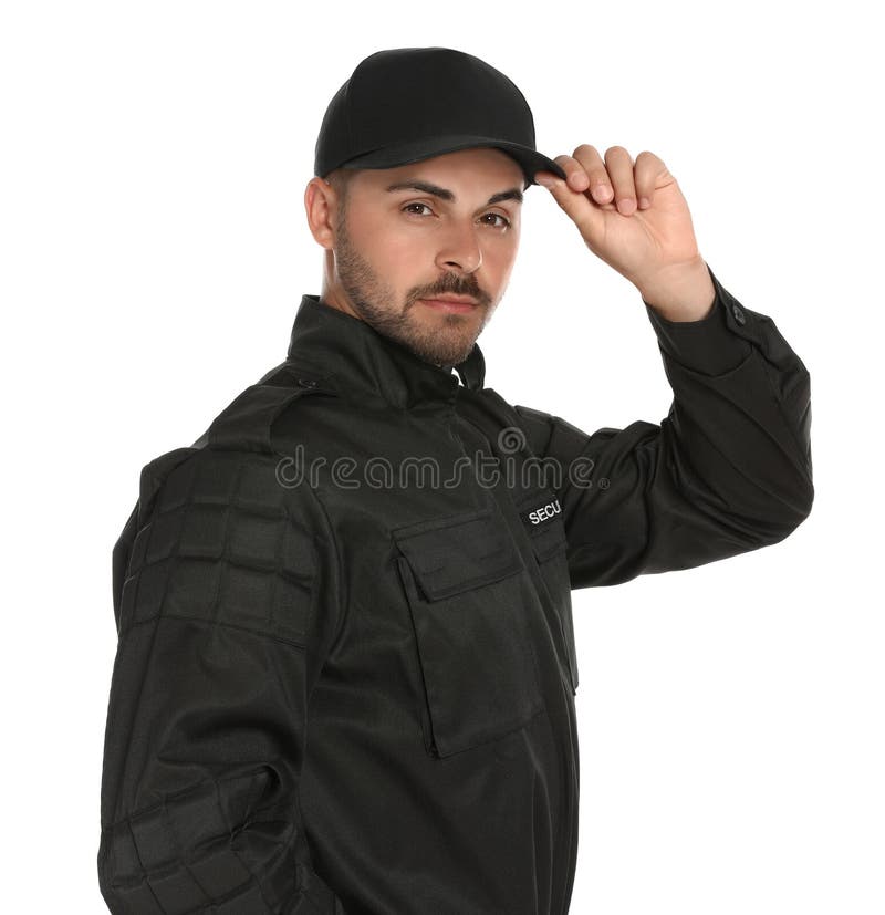 Guardia giurata maschio sul fondo bianco immagine stock Guardia giurata maschio sul fondo bianco immagine stock