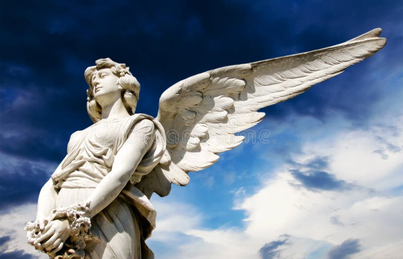 Guardian angel white marble sculpture with open long wings across frame against bright sunny dark blue sky with white clouds.