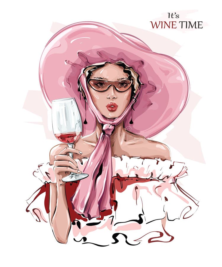 Guarida dibujada con hermoso sombrero rosa Mujer de moda con un vaso de vino Chica elegante con gafas de sol Esbozo libre illustration