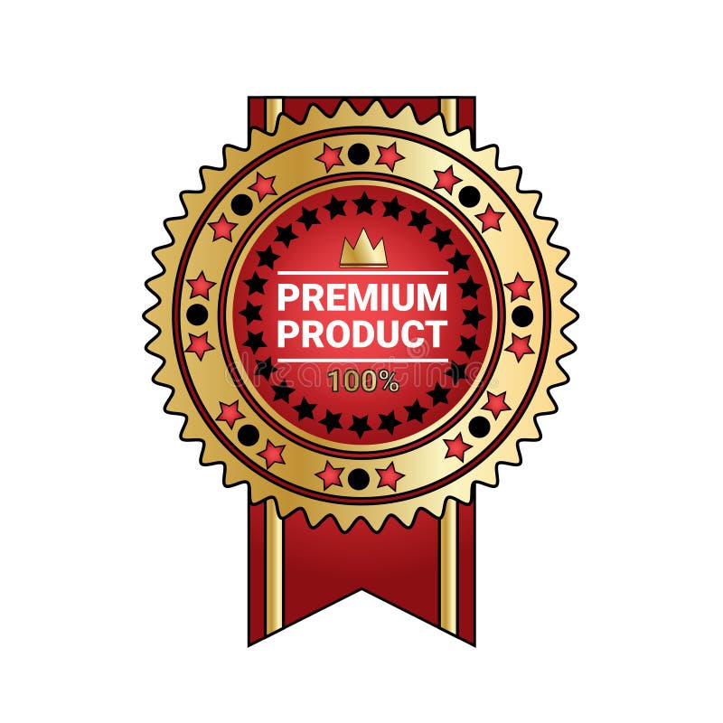 Guarnizione dorata del prodotto del distintivo premio di qualità con il nastro isolato illustrazione di stock Guarnizione dorata del prodotto del distintivo premio di qualità con il nastro isolato illustrazione di stock