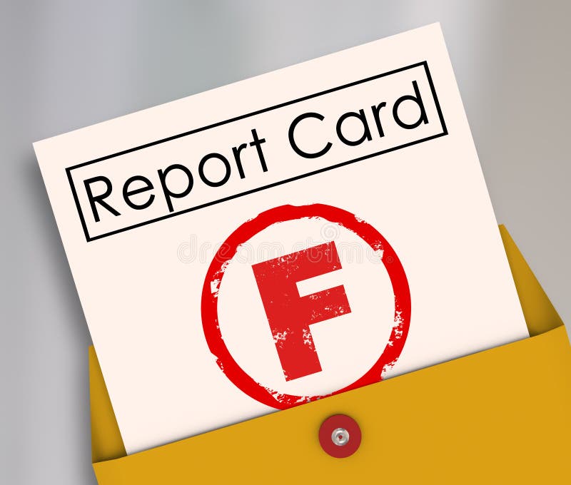 Letter F grade on a report card rating a terrible, bad, poor preformance in school, a class, job or other scored activity. Letter F grade on a report card rating a terrible, bad, poor preformance in school, a class, job or other scored activity