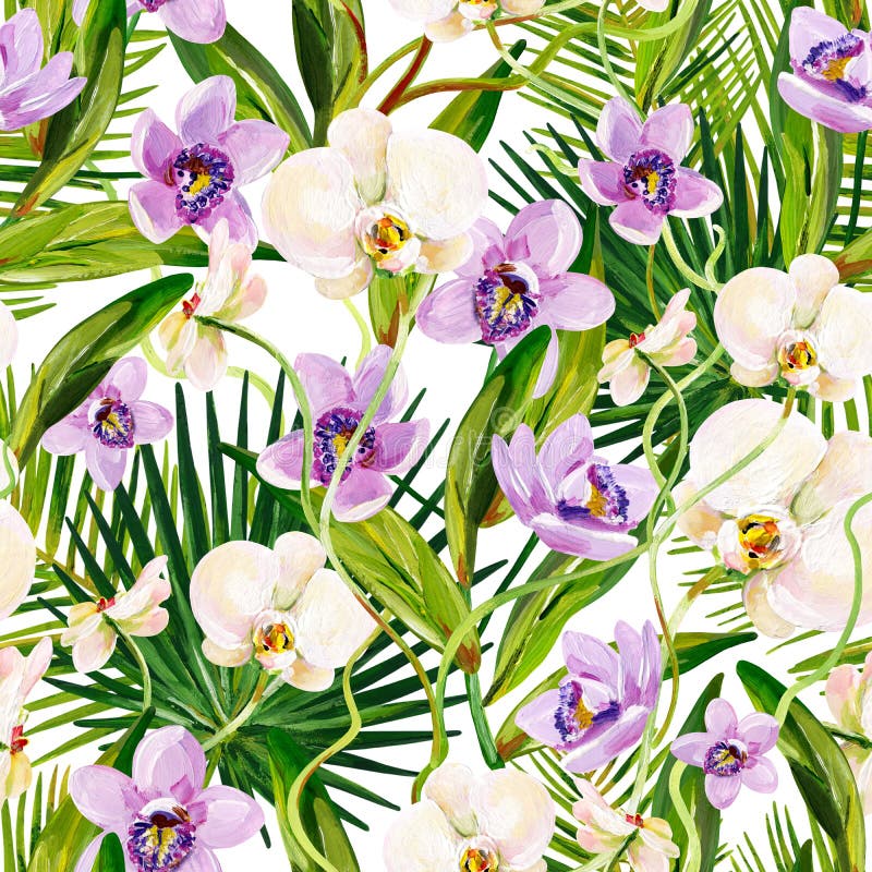 Guaszu bezszwowy tropikalny wzór z bzem i białymi orchideami ilustracja wektor