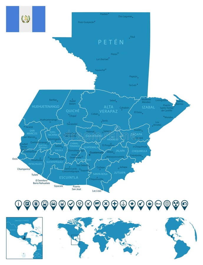 Guatemala Detailed Blue Country Map With Cities Regions Location On Guatemala Detailed Blue Country Map Cities Regions Location World Globe Infographic Icons Vector Illustration 277990732