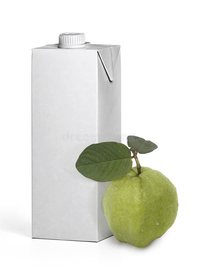 Guava fruit and Box empty white fruit juice isolated on white background royalty free stock images