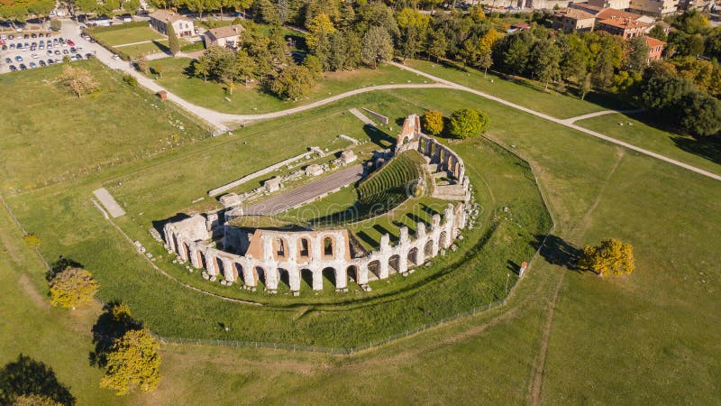 Gubbio, Italy. Drone aerial view of the ruins of the Roman theater