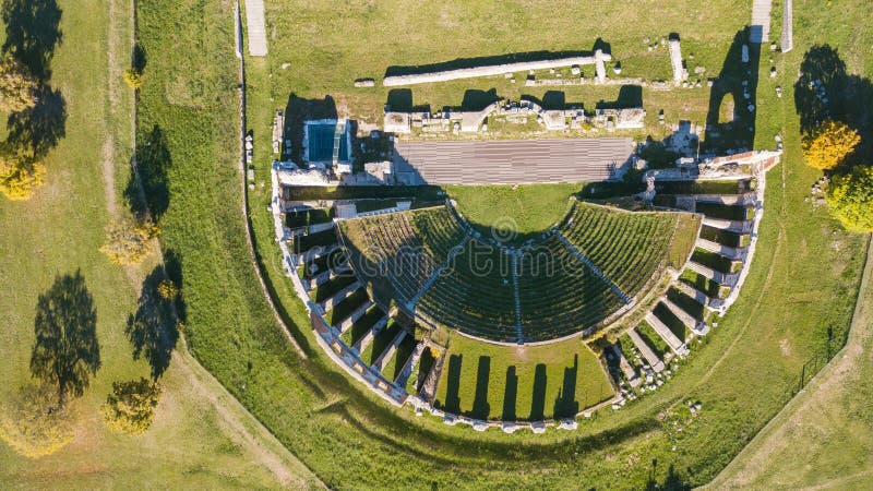 Gubbio, Italy. Drone aerial view of the ruins of the Roman theater