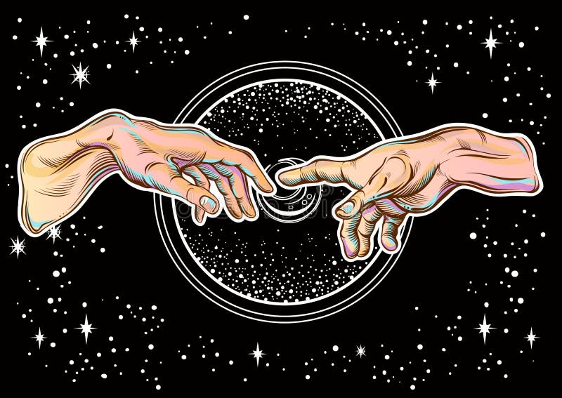 Gud- och Adams händer modern vektor för illustration Skapelsen av Adam Filosofi av universumet och de religiösa bevekelsegrundern