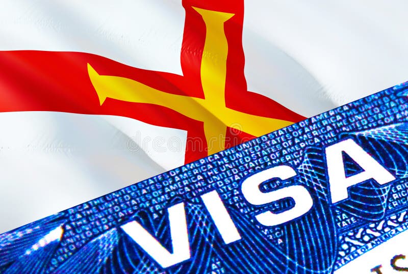 Guernsey visa document close up. Passport visa on Guernsey flag. Guernsey visitor visa in passport,3D rendering. Guernsey multi vector illustration