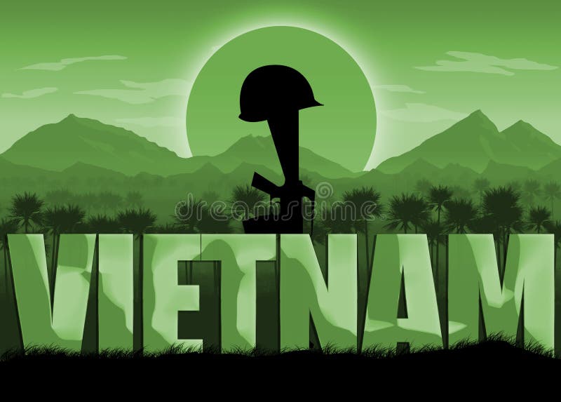 Vietnam War, remembrance day banner with dates. Helmet on a rifle. Mountains and sun background. Green color scheme. Vietnam War, remembrance day banner with dates. Helmet on a rifle. Mountains and sun background. Green color scheme.