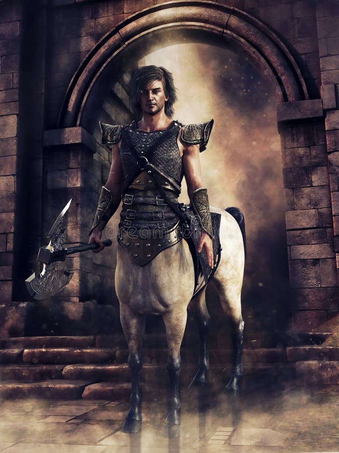 Fantasy centaur warrior standing with a battle axe in front of a castle gate. Fantasy centaur warrior standing with a battle axe in front of a castle gate