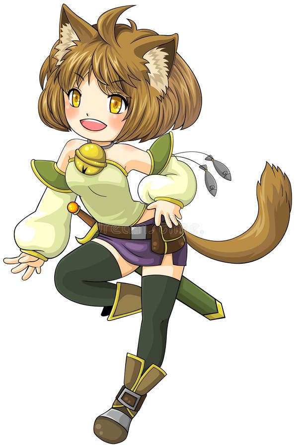 Guerrero femenino del gato de la fantasía en estilo japonés del ejemplo del manga, libre illustration Guerrero femenino del gato de la fantasía en estilo japonés del ejemplo del manga, libre illustration