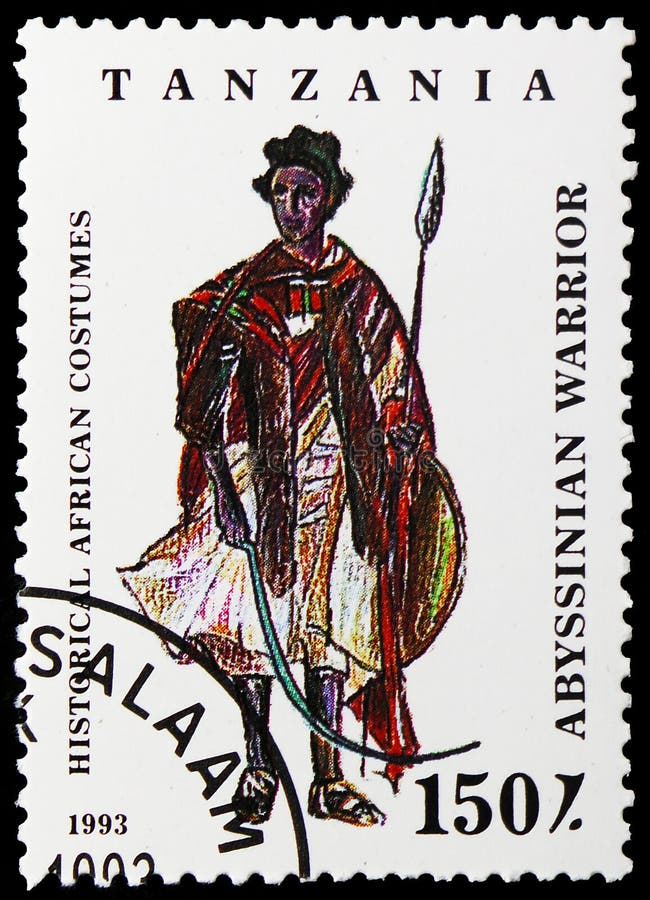 Guerrier abyssinien, serie africain historique de costumes, vers 1993 image stock Guerrier abyssinien, serie africain historique de costumes, vers 1993 image stock