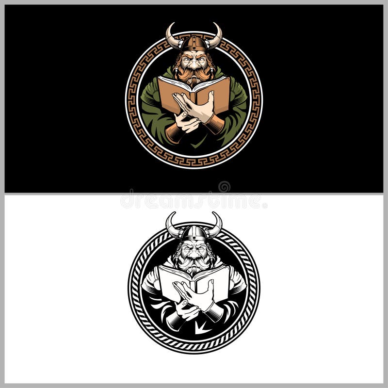 Guerriero unico di vichingo che legge un modello di logo di vettore del libro illustrazione di stock Guerriero unico di vichingo che legge un modello di logo di vettore del libro illustrazione di stock