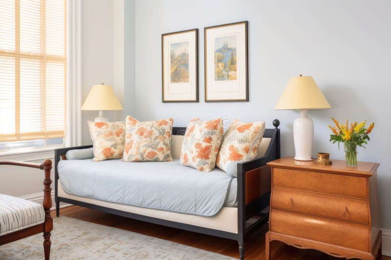 A Guest Room with a Daybed, a Lamp, and a Bedside Table Stock Image