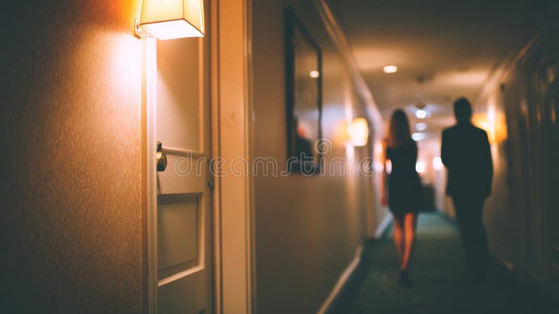 Guests walking down hotel corridor at night stock illustration