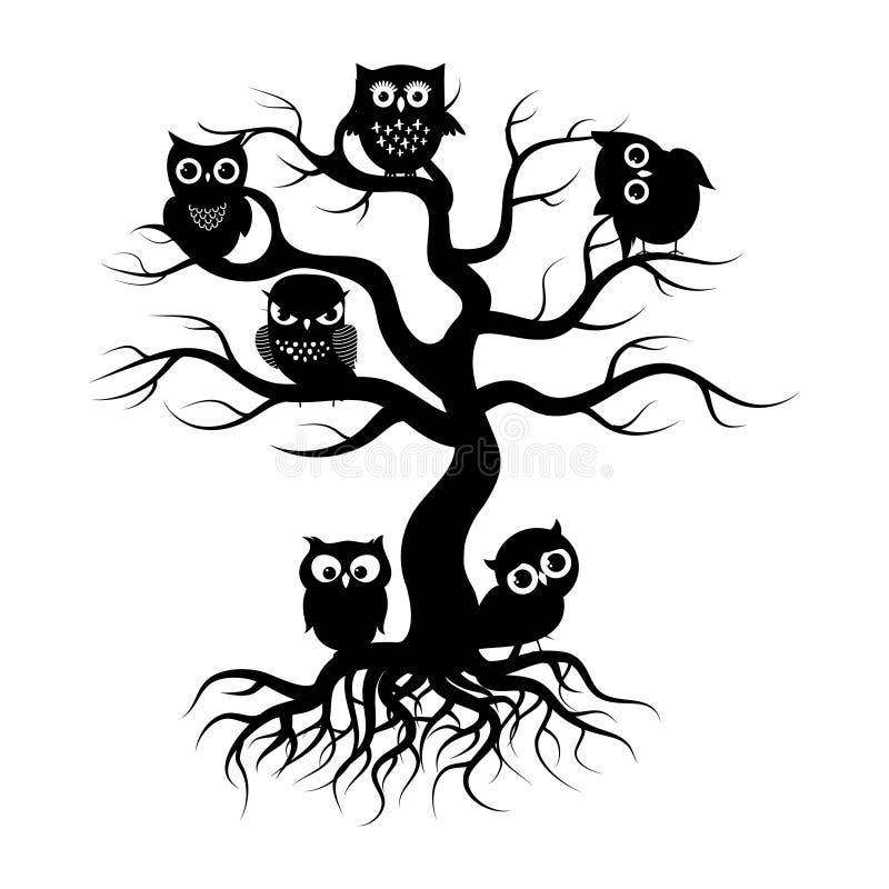Gufi neri sul vecchio albero Siluetta dell'albero con le radici illustrazione di stock Gufi neri sul vecchio albero Siluetta dell'albero con le radici illustrazione di stock