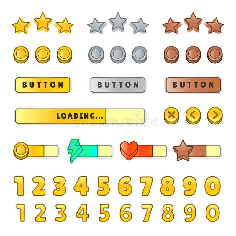 GUI d'interface utilisateur graphique de jeu Conception, boutons et icônes Illustration de kit d'ui de jeu d'isolement sur le fon illustration libre de droits GUI d'interface utilisateur graphique de jeu Conception, boutons et icônes Illustration de kit d'ui de jeu d'isolement sur le fon illustration libre de droits
