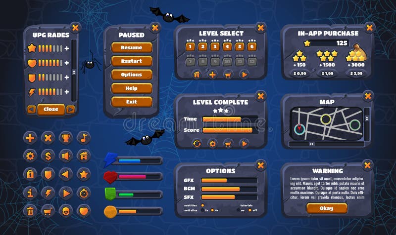 GUI mobile dell'interfaccia grafica del gioco Progettazione, bottoni ed icone Illustrazione di vettore illustrazione vettoriale GUI mobile dell'interfaccia grafica del gioco Progettazione, bottoni ed icone Illustrazione di vettore illustrazione vettoriale