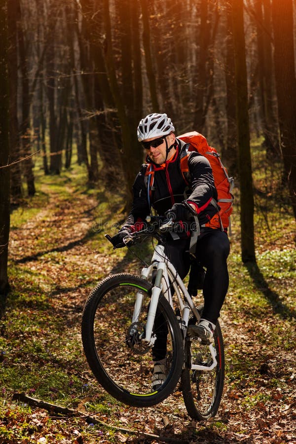 Guida del ciclista in mountain-bike sulla bici nel paesaggio più springforest fotografia stock Guida del ciclista in mountain-bike sulla bici nel paesaggio più springforest fotografia stock