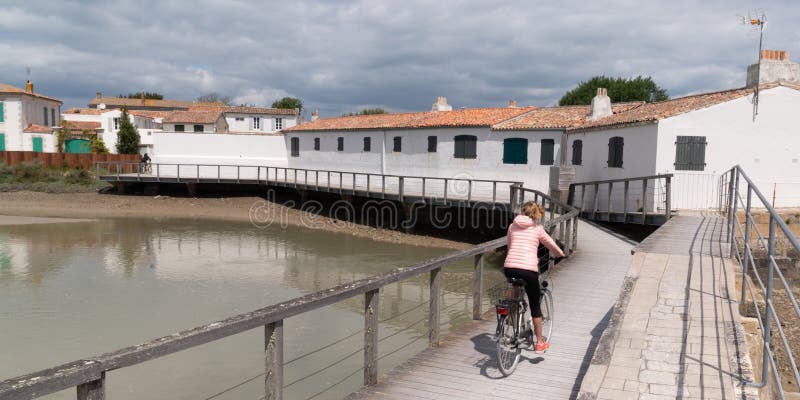 Guida della giovane donna con la bicicletta su un percorso di legno da tirare nel giorno soleggiato di estate sul ile dell'isola immagini stock libere da diritti Guida della giovane donna con la bicicletta su un percorso di legno da tirare nel giorno soleggiato di estate sul ile dell'isola immagini stock libere da diritti