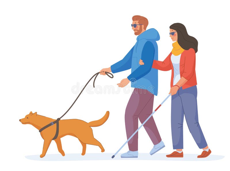 Guide Dog. Blind girl with helper animal guides assistance, blinds woman and man poor sight in eyesight glasses