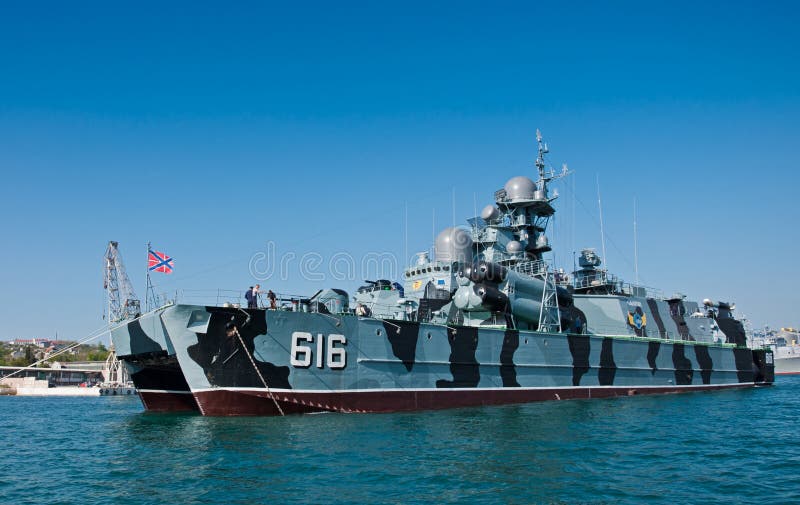 SEVASTOPOL, CRIMEA, UKRAINE - MAY 06, 2013: Guided Missile Corvette `Samum`, Ship of The Black Sea Fleet of the Russian Navy in the Sevastopol Bay