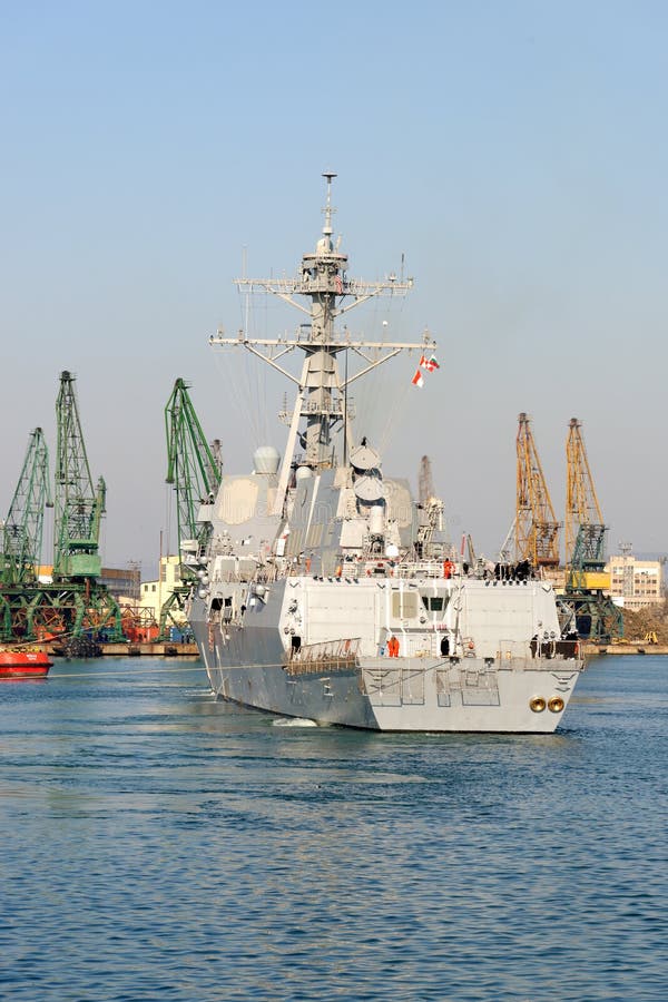 VARNA, BULGARIA - MARCH 13, 2014: The guided-missile destroyer USS Truxtun DDG-103 enters port of Varna after conducting a combined training in Black Sea with Romanian and Bulgarian naval forces. VARNA, BULGARIA - MARCH 13, 2014: The guided-missile destroyer USS Truxtun DDG-103 enters port of Varna after conducting a combined training in Black Sea with Romanian and Bulgarian naval forces