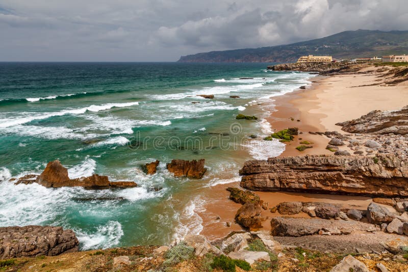 Guincho Beach on Atlantic Ocean in Stormy Weather near Lisbon, Portugal