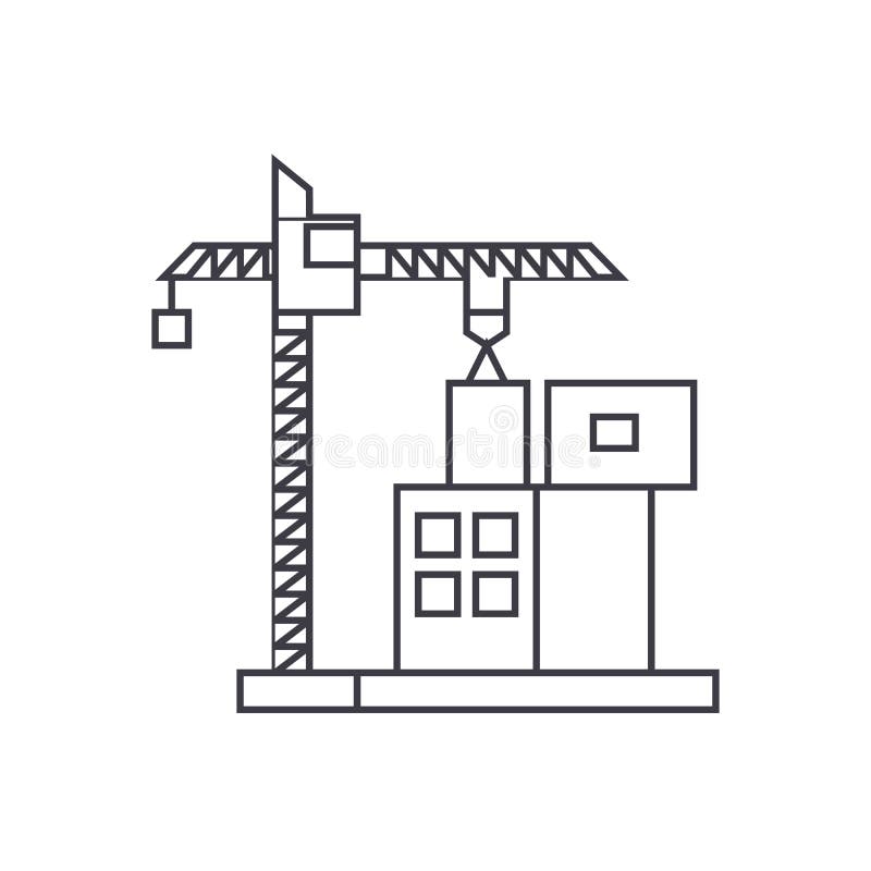 Guindaste de construção que constrói a linha fina conceito do ícone Guindaste de construção que constrói o sinal linear do vetor, ilustração stock Guindaste de construção que constrói a linha fina conceito do ícone Guindaste de construção que constrói o sinal linear do vetor, ilustração stock