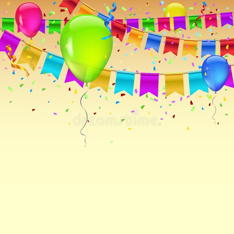 Guirlande de carnaval avec des fanions, des confettis et des ballons volants Drapeaux colorés décoratifs pour l'anniversaire, le illustration libre de droits Guirlande de carnaval avec des fanions, des confettis et des ballons volants Drapeaux colorés décoratifs pour l'anniversaire, le illustration libre de droits