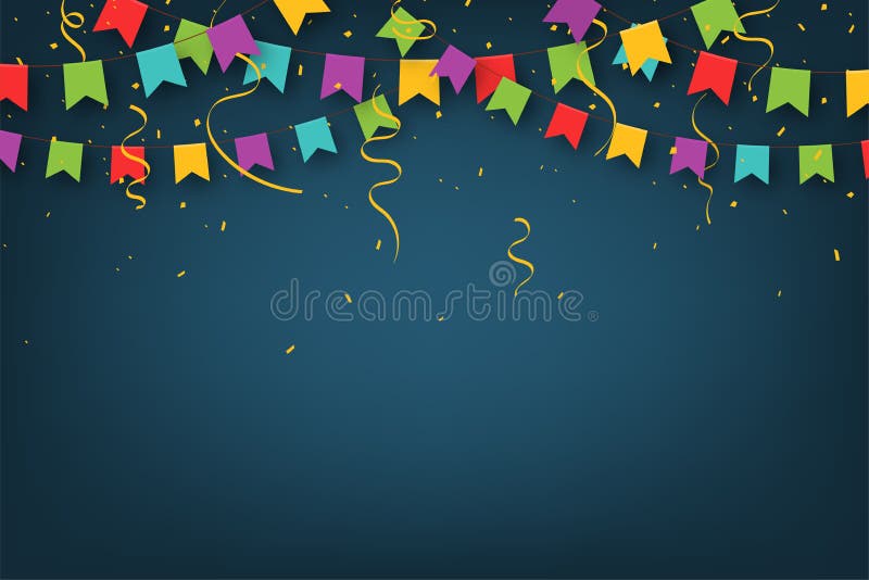 Guirlande de carnaval avec des fanions Drapeaux colorés décoratifs de partie avec des confettis pour la célébration d'anniversair illustration libre de droits Guirlande de carnaval avec des fanions Drapeaux colorés décoratifs de partie avec des confettis pour la célébration d'anniversair illustration libre de droits