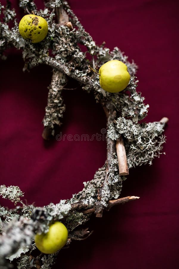 Guirlande de Noël faite de brindilles et lichens secs photo stock Guirlande de Noël faite de brindilles et lichens secs photo stock