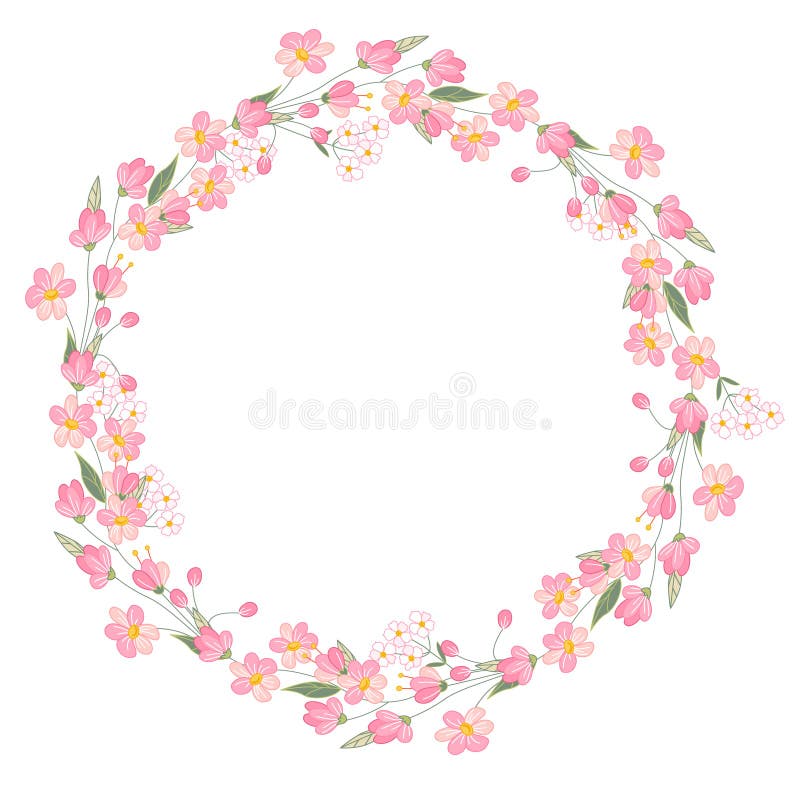 Guirlande détaillée de découpe avec des herbes, des roses et des fleurs sauvages d'isolement sur le blanc Cadre rond pour votre c