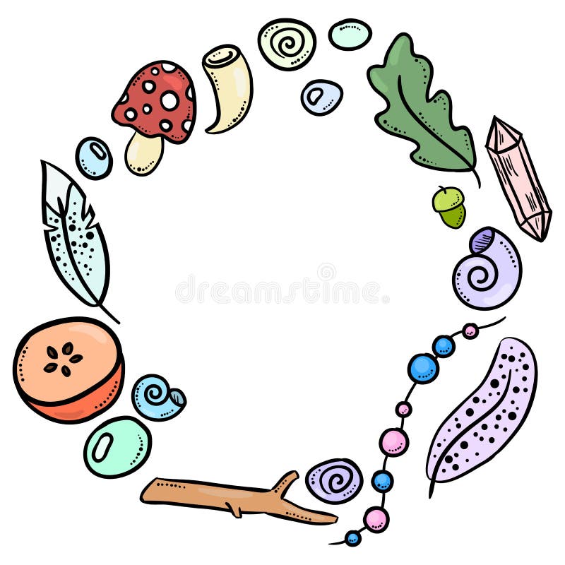 Guirlande ornementale de griffonnages colorés d'articles de boho de sorcière illustration stock Guirlande ornementale de griffonnages colorés d'articles de boho de sorcière illustration stock