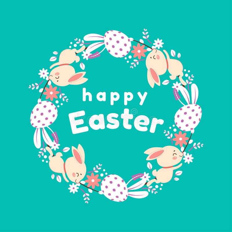 Guirnalda de Pascua de flores, de huevos y de conejos Aislado en fondo de la turquesa libre illustration Guirnalda de Pascua de flores, de huevos y de conejos Aislado en fondo de la turquesa libre illustration