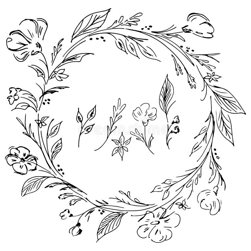 Guirnalda dibujada mano del vector Elementos florales del diseño del marco del círculo para las invitaciones, tarjetas de felicit ilustración del vector Guirnalda dibujada mano del vector Elementos florales del diseño del marco del círculo para las invitaciones, tarjetas de felicit ilustración del vector